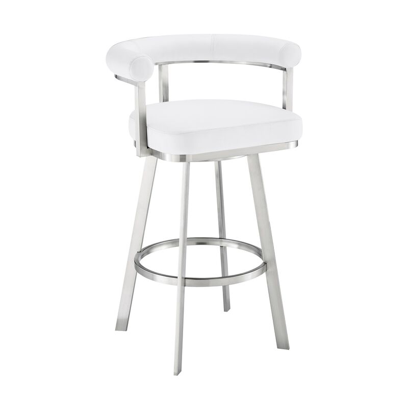 Weni 30 Inch Swivel Barstool Chair, Barrel Open Back, White, Steel Frame - Benzara