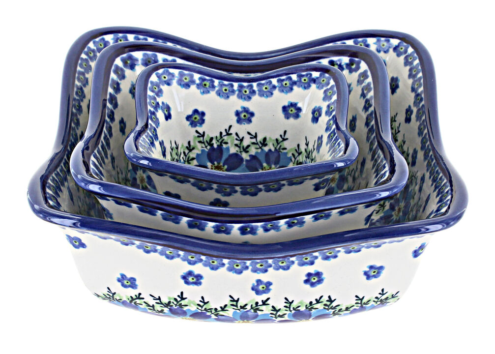 Blue Rose Polish Pottery Floral Butterfly 3 Piece Square Scallop Bowl Set