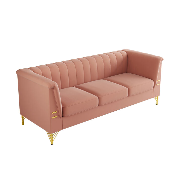 Modern Pink Velvet 3-Seat Sofa with Golden Metal Legs