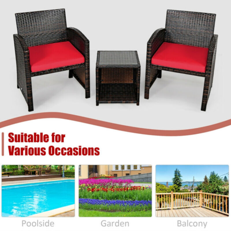 3 Pieces PE Rattan Wicker Furniture Set with Cushion Sofa Coffee Table for Garden