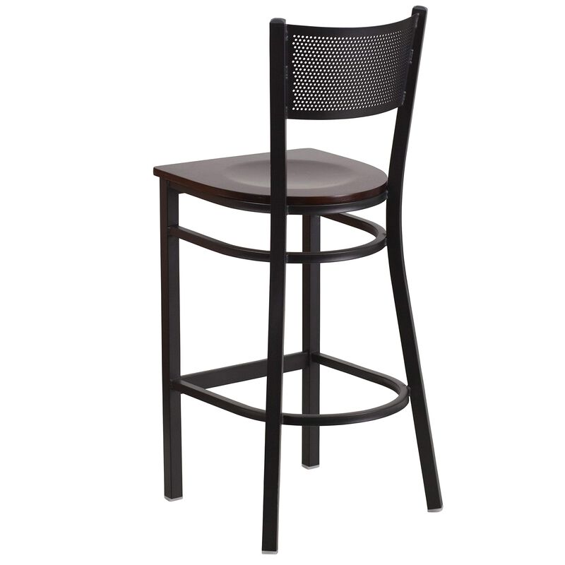 Flash Furniture HERCULES Series Black Grid Back Metal Restaurant Barstool - Walnut Wood Seat