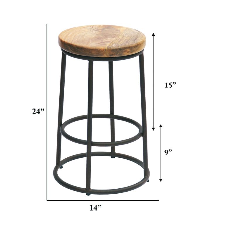 24 Inch Mango Wood Counter Height Barstool With Iron Base, Brown And Black-Benzara
