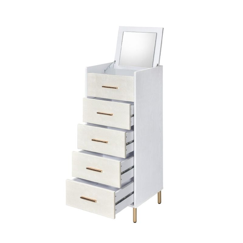 San 45 Inch 5 Drawer Jewelry Storage Chest, Gold Metal Legs, White and Gold-Benzara