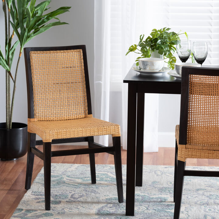 bali & pari Lingga Modern Bohemian Dark Brown Mahogany Wood and Natural Rattan Dining Chair