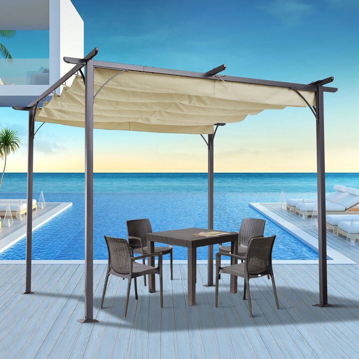 10' x 10' Retractable Patio Gazebo Pergola with UV Resistant Outdoor Canopy & Strong Steel Frame Beige