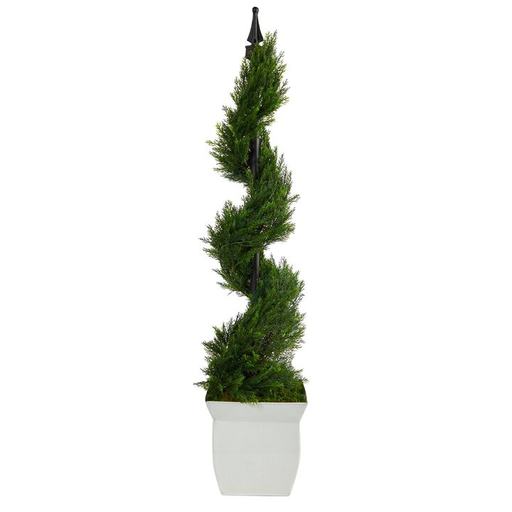 Nearly Natural 4-ft Cypress Spiral Artificial Tree in White Metal Planter