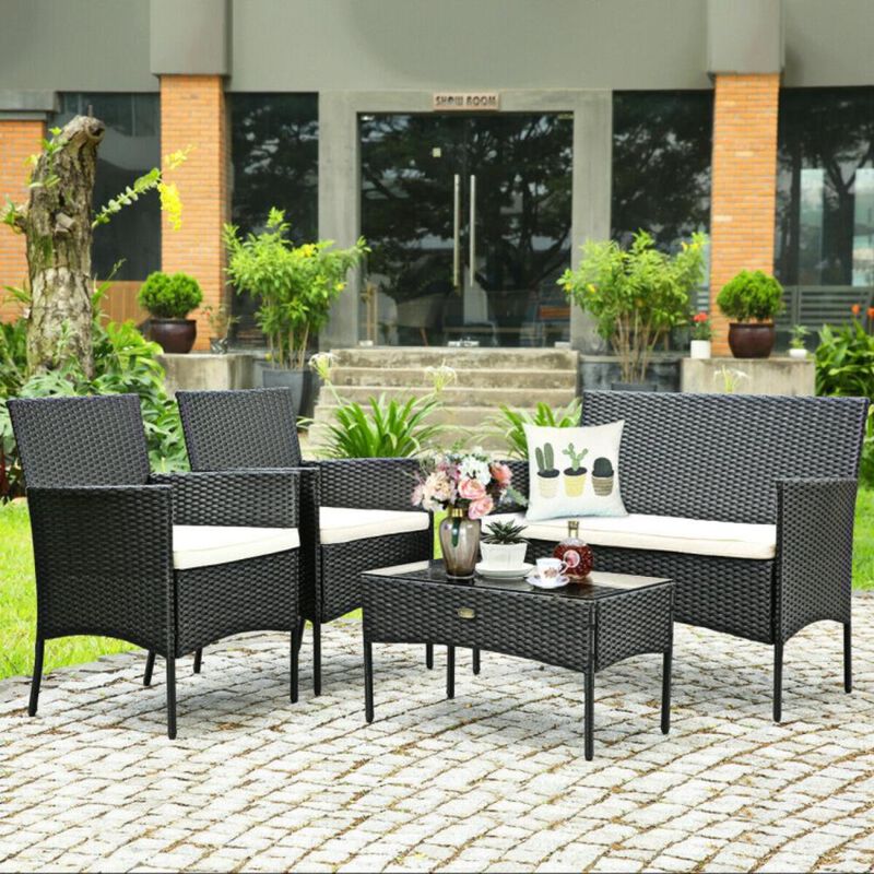 Hivvago 4 Pieces Patio Rattan Cushioned Sofa Set with Tempered Glass Coffee Table