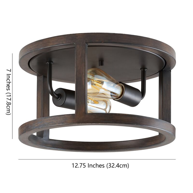 Atelier 12.75" 2-Light Iron Rustic Industrial LED Flush Mount, Brown