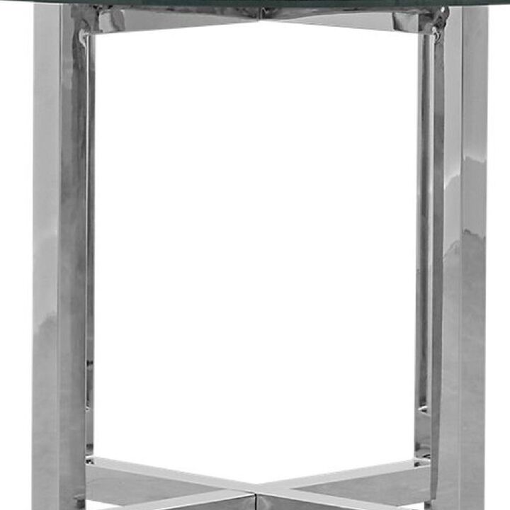 Eun 48 Inch Round Dining Table with Clear Glass Top, Cross Base, Chrome