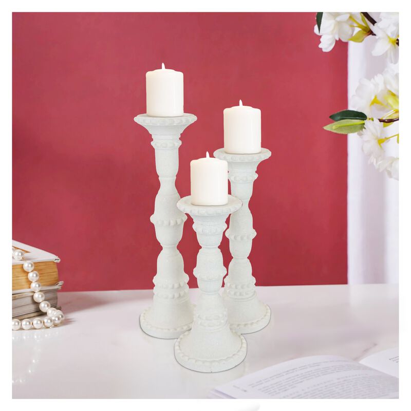 Accent Candle Holder Set of 3, Tall Pillars, Heavy Base, White Resin - Benzara