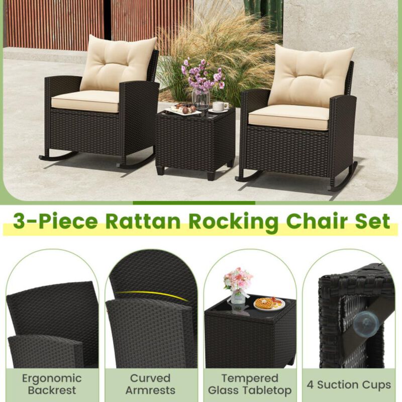 Hivvago Patio Rattan Roker Chairs with Tempered Glass Table and Soft Cushions for Backyard, Poolside Porch