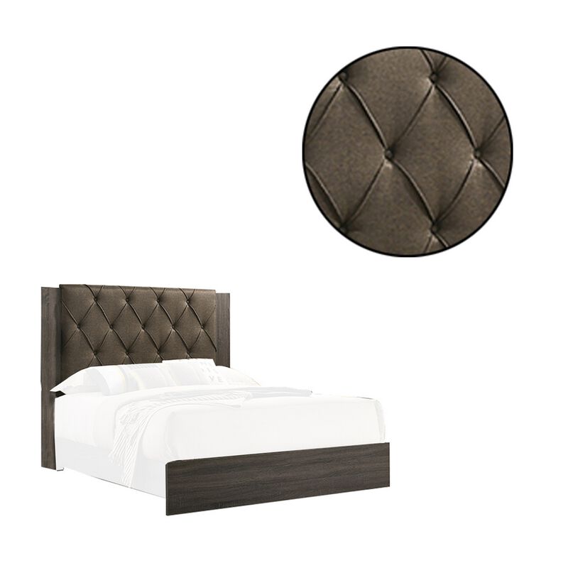 Wooden Queen Bed with Button Tufted Upholstered Headboard, Gray and Brown-Benzara