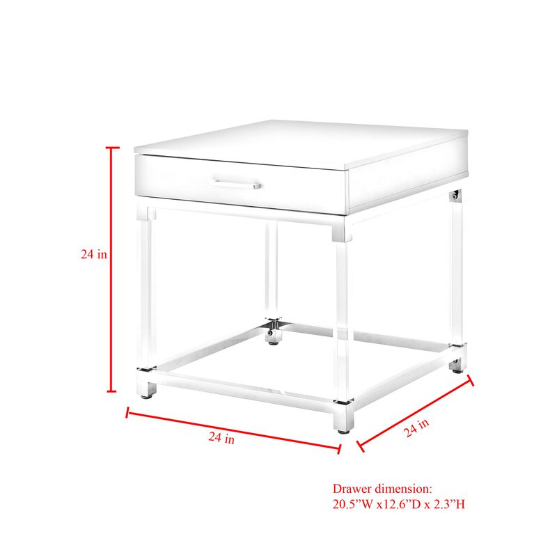 Inspired Home Kalel High Gloss 1 Drawer End Table with Acrylic Legs Stainless Steel Base