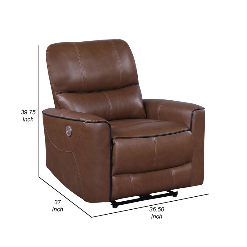 Lima Power Recliner Chair, Brown Faux Leather, USB Port, Foam Cushions - Benzara