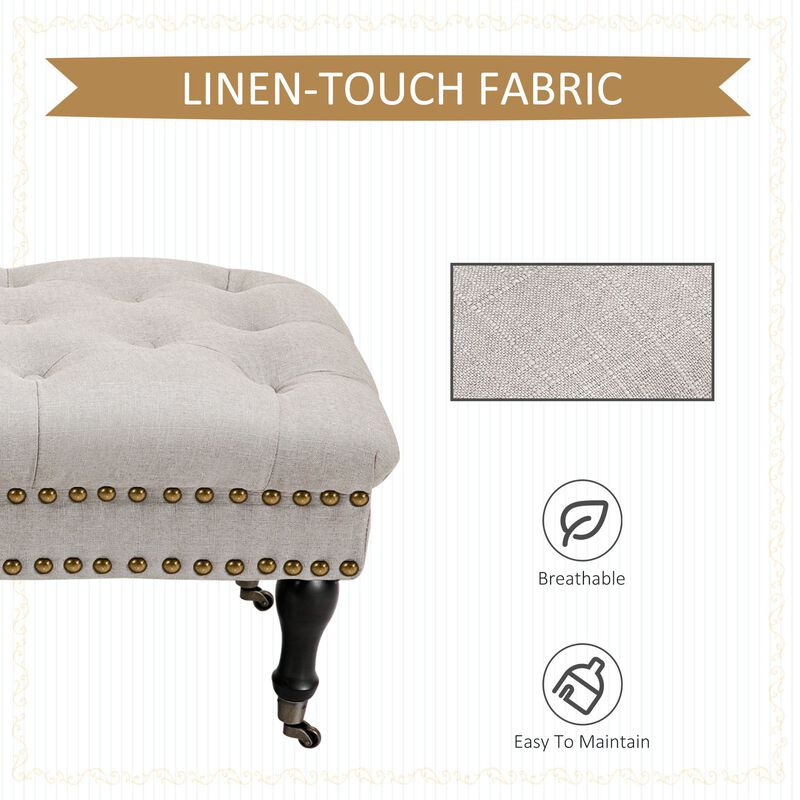 Mobile Upholstered Bench Rolling Button-Tufted Fabric Accent Ottoman with Nailhead Trim & Wheels, Beige