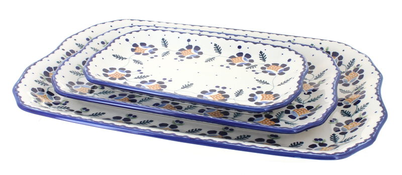 Blue Rose Polish Pottery Blue Violet 3 Piece Rectangular Serving Tray Set