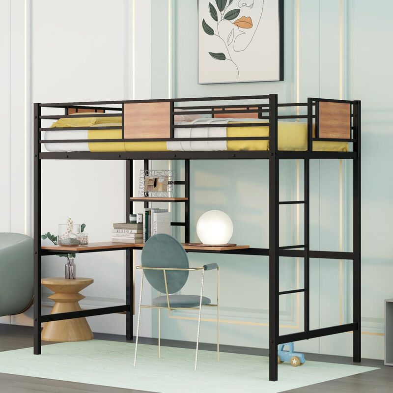 Twin Metal Loft Bed with Desk and Shelves