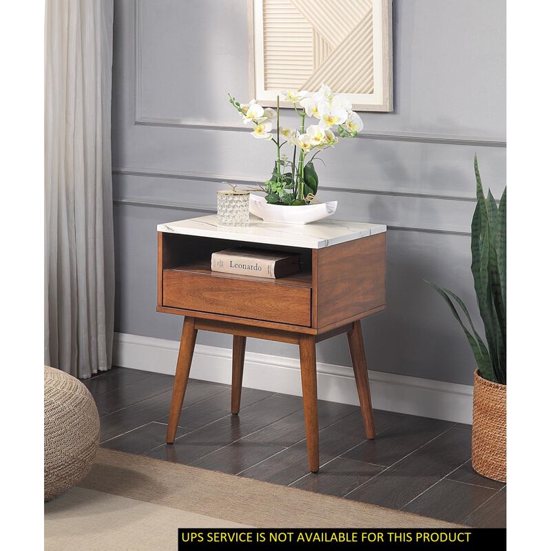 Walnut Finish 1pc End Table with Faux Marble and Drawer Shelf Living Room Furniture Side Table