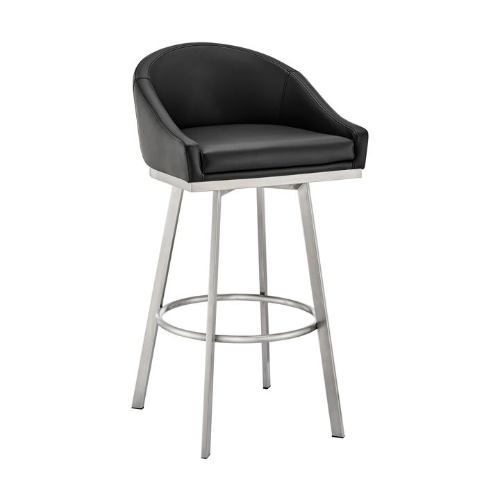 Dalza 30 Inch Swivel Barstool Chair, Open Back, Soft Black Faux Leather - Benzara
