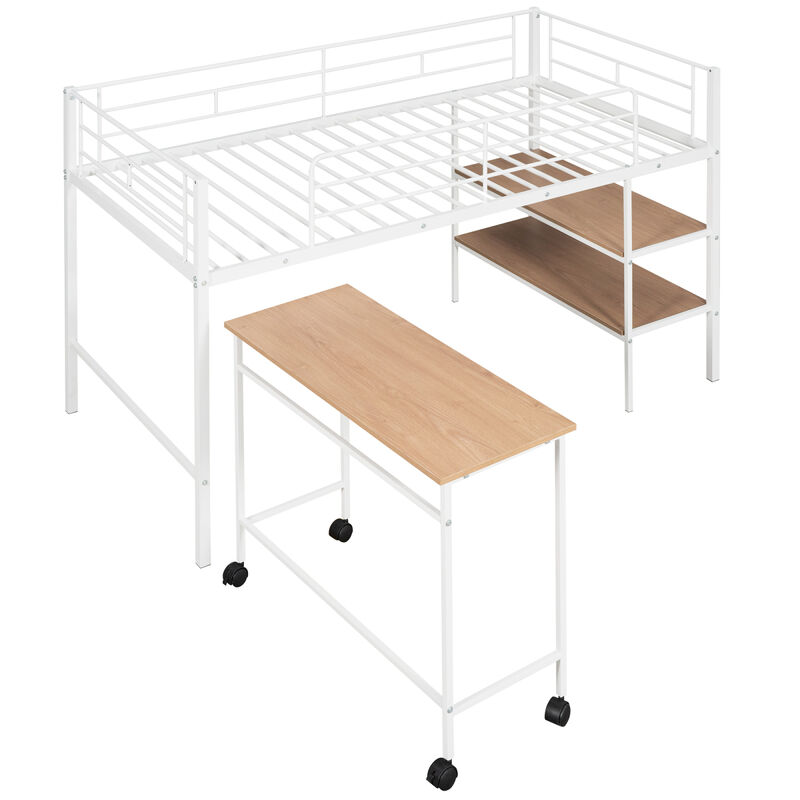 Twin Size Metal Loft Bed With Desk And Shelves