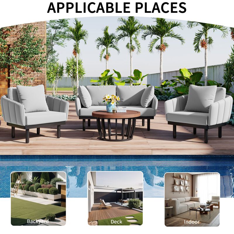 MONDAWE Luxury Modern 4 Piece Outdoor Iron Frame Conversation Set, Patio Chat Set with Acacia Wood Round Coffee Table, Loveseat+Arm Chairs