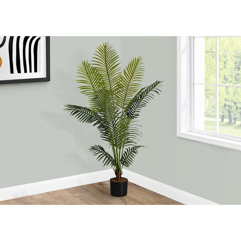 Monarch Specialties I 9536 - Artificial Plant, 57" Tall, Palm Tree, Indoor, Faux, Fake, Floor, Greenery, Potted, Real Touch, Decorative, Green Leaves, Black Pot