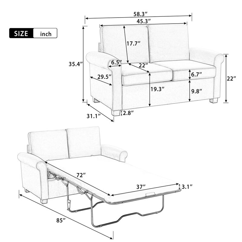 58.3" Pull Out Sofa Bed,Sleeper Sofa Bed with Premium Twin Size Mattress Pad,2-in-1 Pull Out Couch Bed,Loveseat Sleeper for Living Room,Small Apartment, Beige White