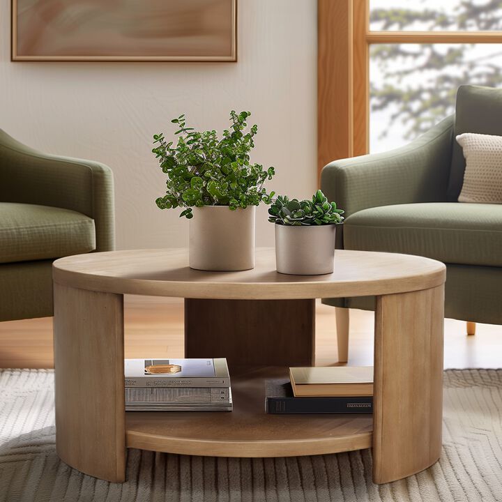 Gracie Mills Jacobs Round Wood Coffee Table with Shelf