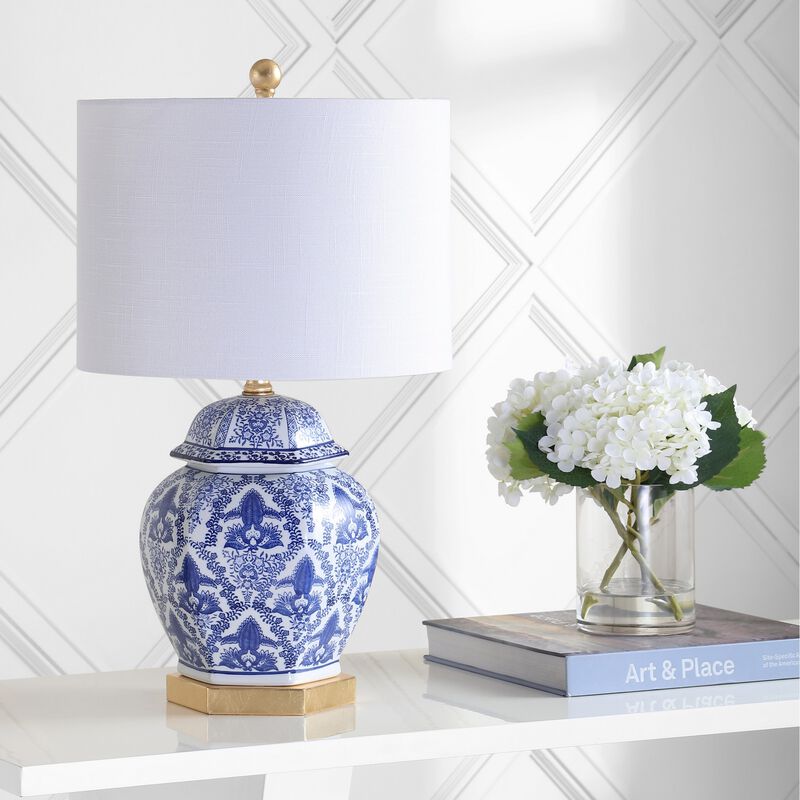 Gretchen 25" Ginger Jar Ceramic/Metal LED Table Lamp, Blue/White