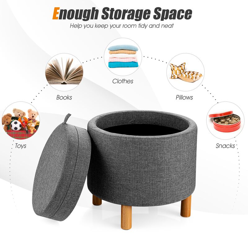 Round Fabric Storage Ottoman with Tray and Non-Slip Pads for Bedroom