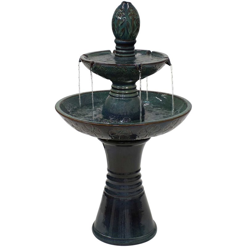 Sunnydaze Double Tier Ceramic Outdoor 2-Tier Water Fountain with Lights