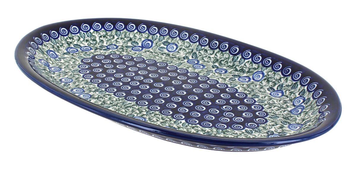 Blue Rose Polish Pottery Flowering Peacock Oval Platter