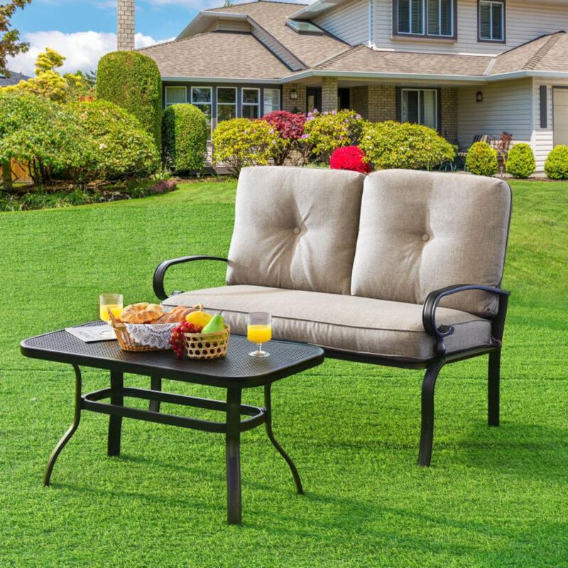 Hivvago 2 Pieces Patio Loveseat Bench Table Furniture Set with Cushioned Chair