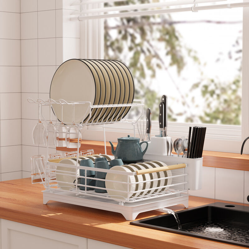 Adjustable Dish Rack With Bamboo Handle White