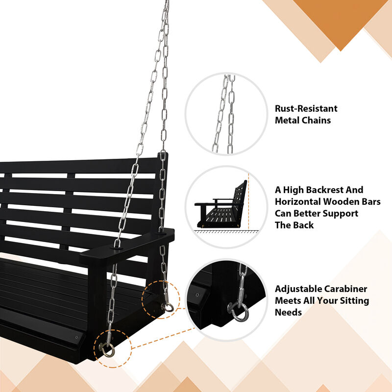 Mega Casa Wooden Porch Swing 3-Seater, Bench Swing with Cupholders, Hanging Chains and 7mm Springs, Heavy Duty 800 LBS, for Outdoor Patio Garden Yard (Matte Black - 5 feet)