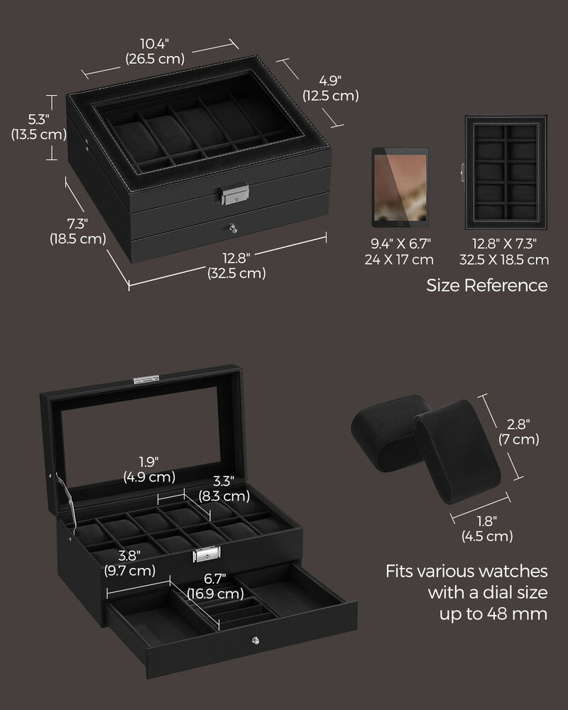 12-Slot Men's Watch Box Jewelry Organizer with Lock and Keys