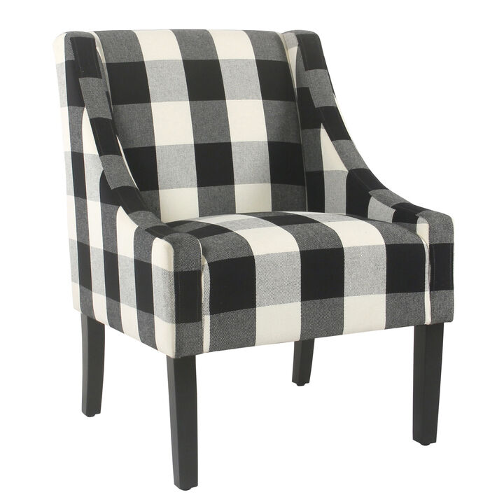 Fabric Upholstered Wooden Accent Chair with Buffalo Plaid Pattern, Black and White - Benzara