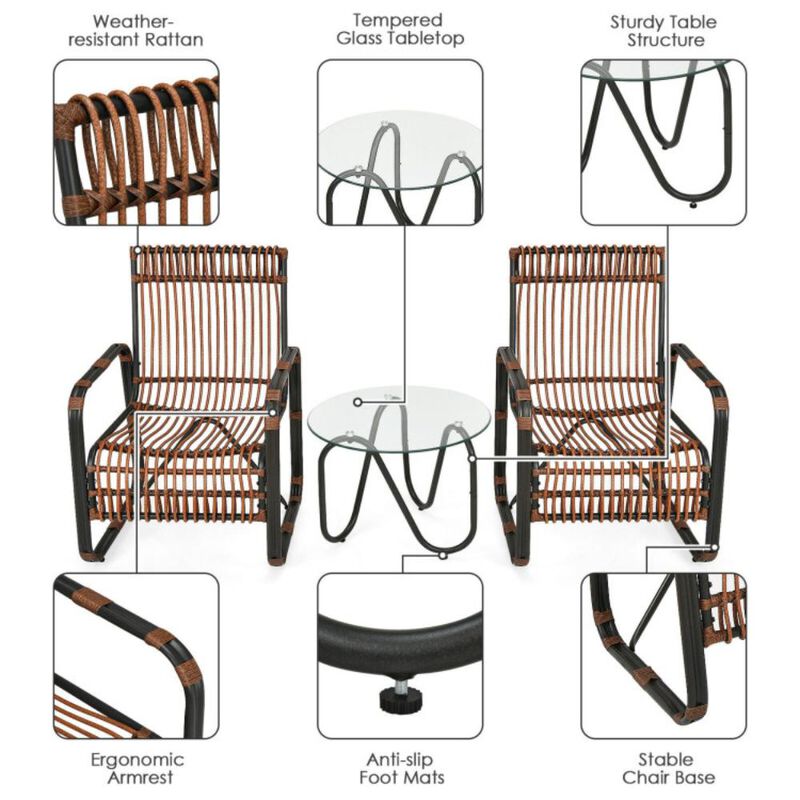 Hivvago 3 Pieces Patio Rattan Furniture Set with 2 Single Wicker Chairs and Glass Side Table