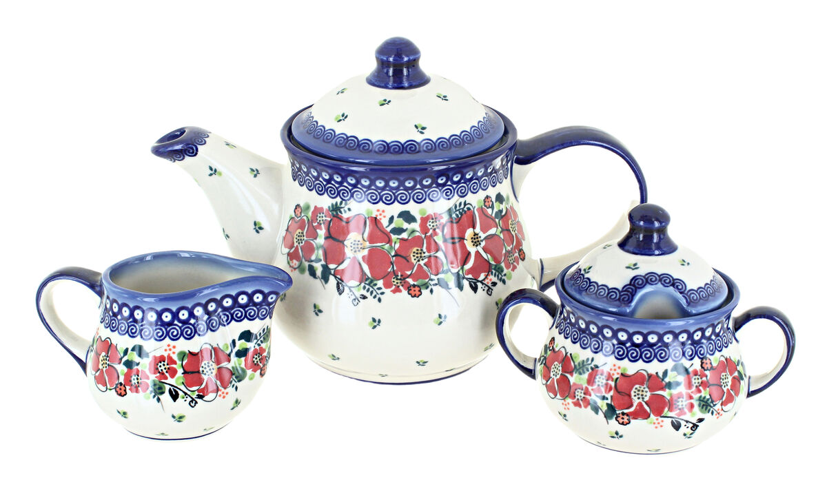 Blue Rose Polish Pottery Summer Picnic 3 Piece Tea Set