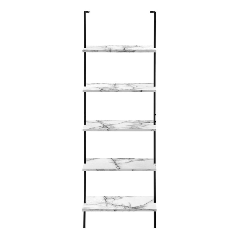 Monarch Specialties I 3685 Bookshelf, Bookcase, Etagere, Ladder, 5 Tier, 72"H, Office, Bedroom, Metal, Laminate, White Marble Look, Black, Contemporary, Modern