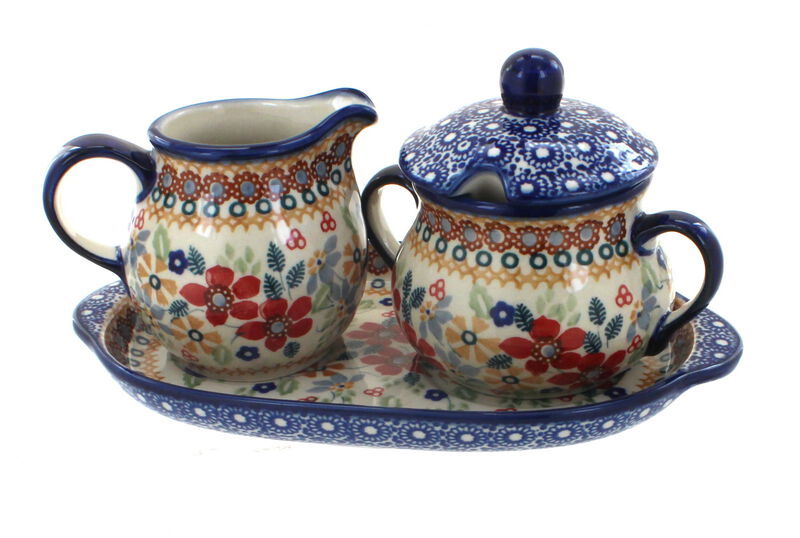 Blue Rose Polish Pottery Red Poppy Sugar & Creamer with Tray