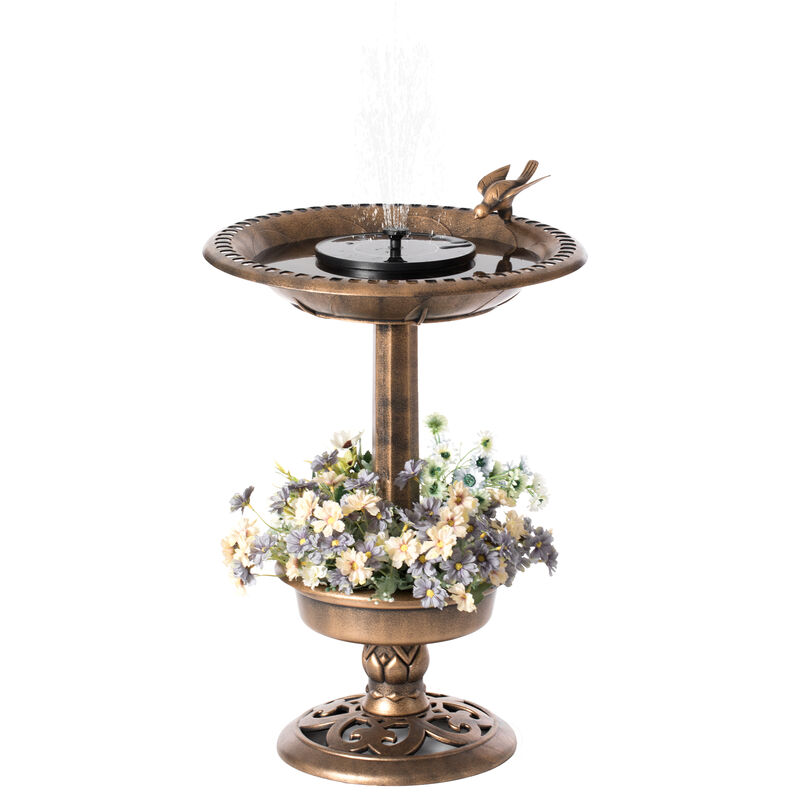 Outdoor Garden Bird Bath and Solar Powered Round Pond Fountain with Planter Bowl, Copper