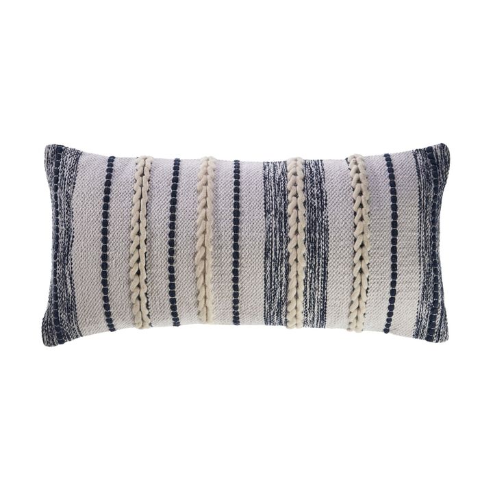 28" Navy Blue and White Braided Rectangular Throw Pillow