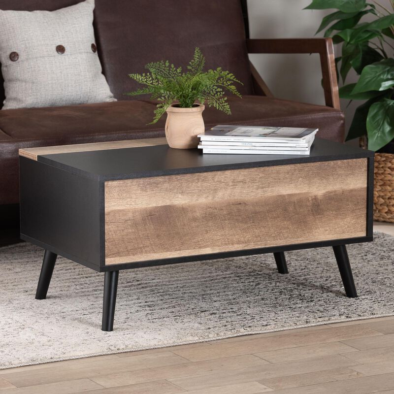 Baxton Studio Jensen Modern and Contemporary Two-Tone Black and Rustic Brown Finished Wood Lift Top Coffee Table with Storage Compartment