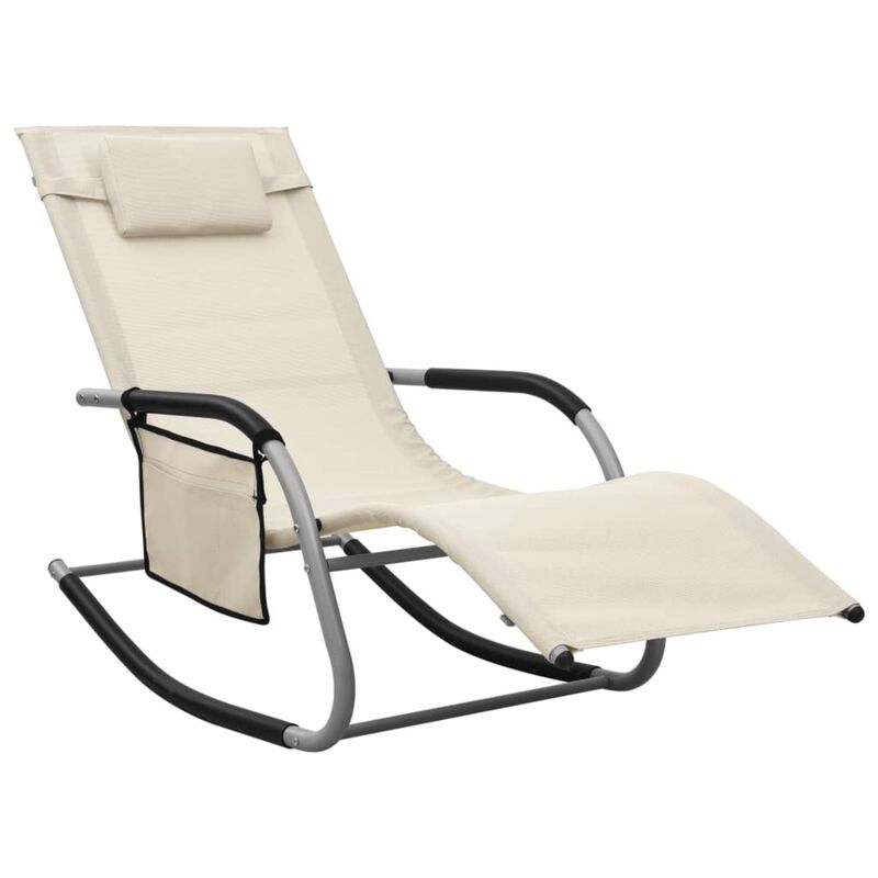 vidaXL Textilene Sun Lounger in Cream and Gray - Weather-Resistant Outdoor Furniture with Pillow and Side Bag -Powder-Coated Steel Frame.