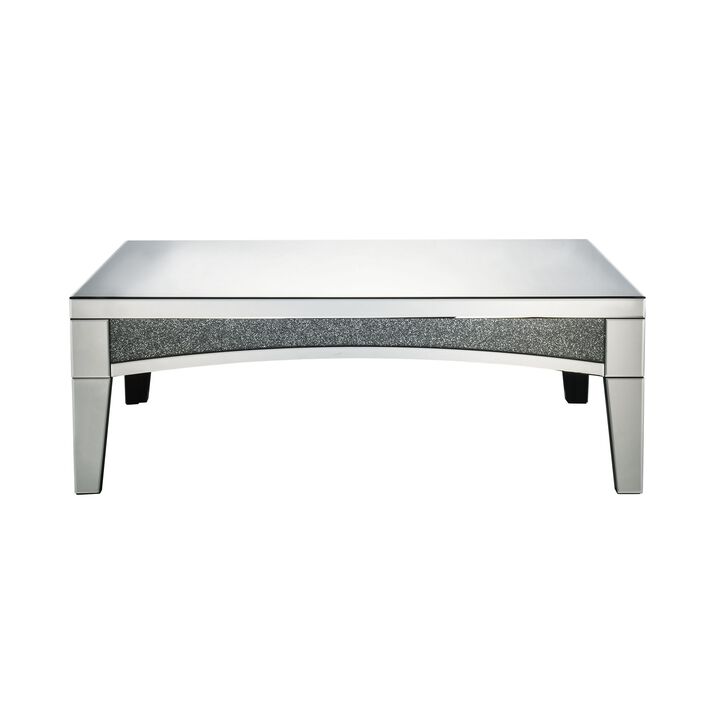 Coffee Table with Mirror Trim and Faux Stone Inlays, Silver-Benzara