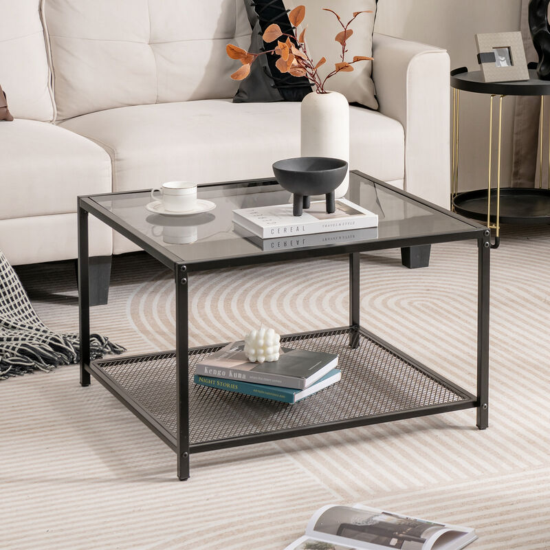 Modern 2-Tier Square Glass Coffee Table with Mesh Shelf