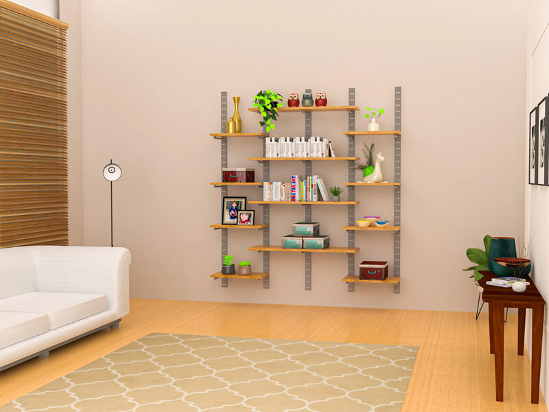 Trendy  Living Room Shelving System 91" High with 12 Mixed Wood Shelves 24" and 48" Length 10"-12" Width | 4 Sections- Shelves Sold Separately