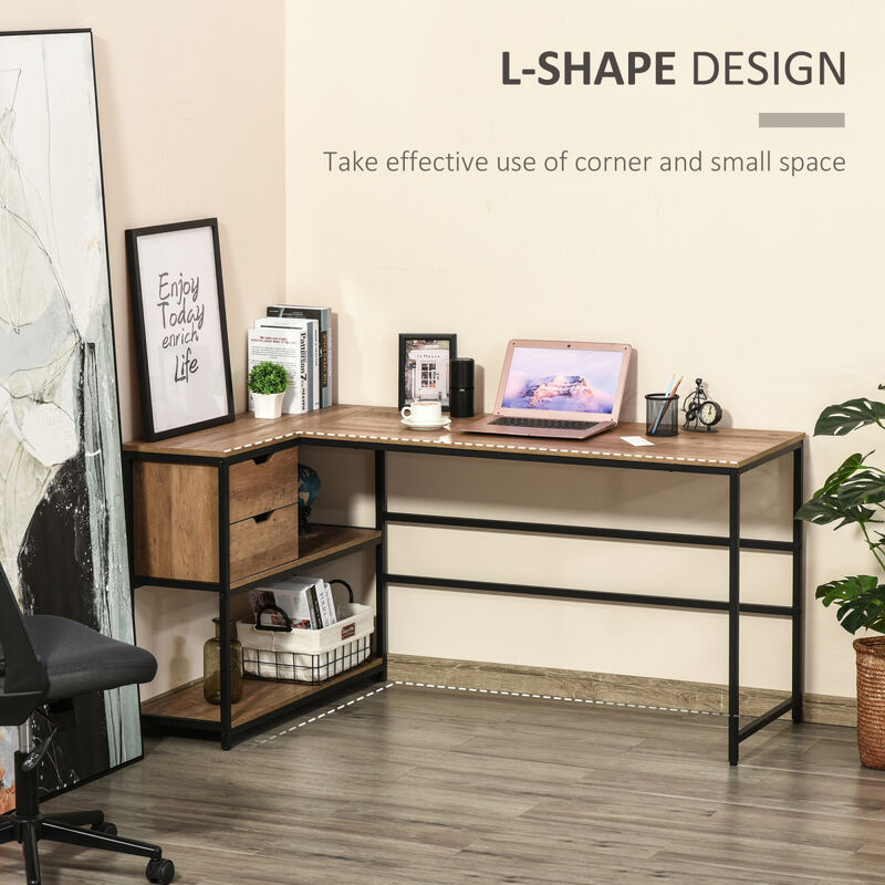 L-Shaped Home Offie Computer Desk with Storage Shelves, 2 Dawers and Industrial Steel Frame, Black/Brown