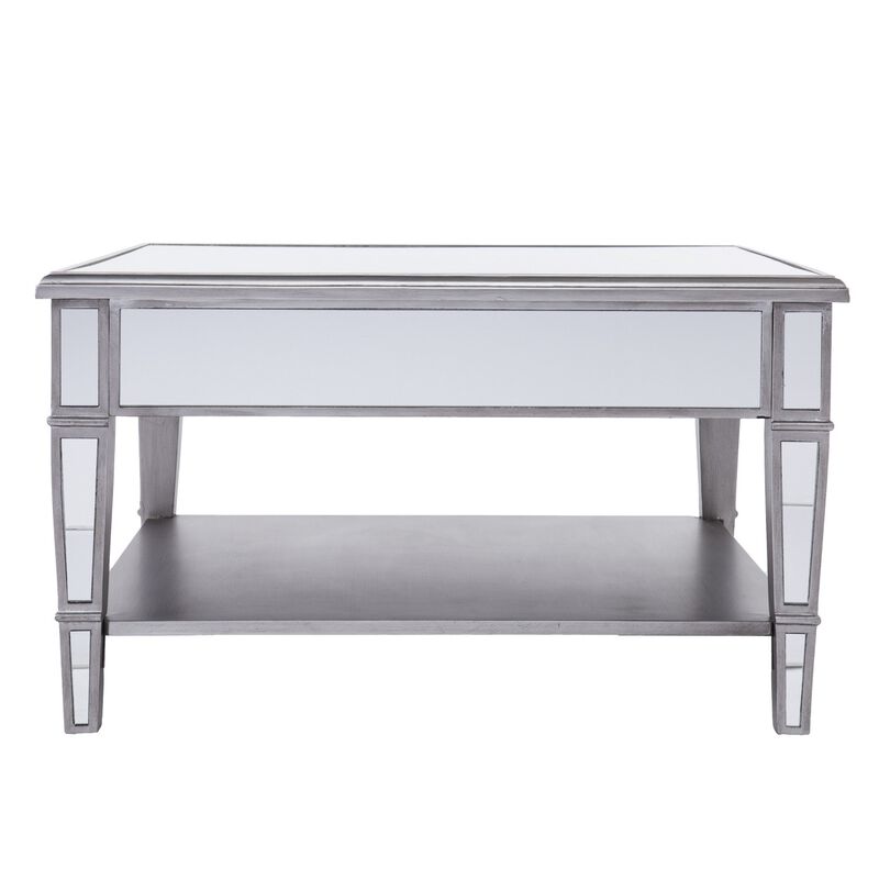 Homezia 29" Silver Mirrored Glass Square Coffee Table